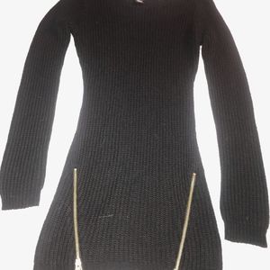 Long Black Sweater with Gold Zipper Details